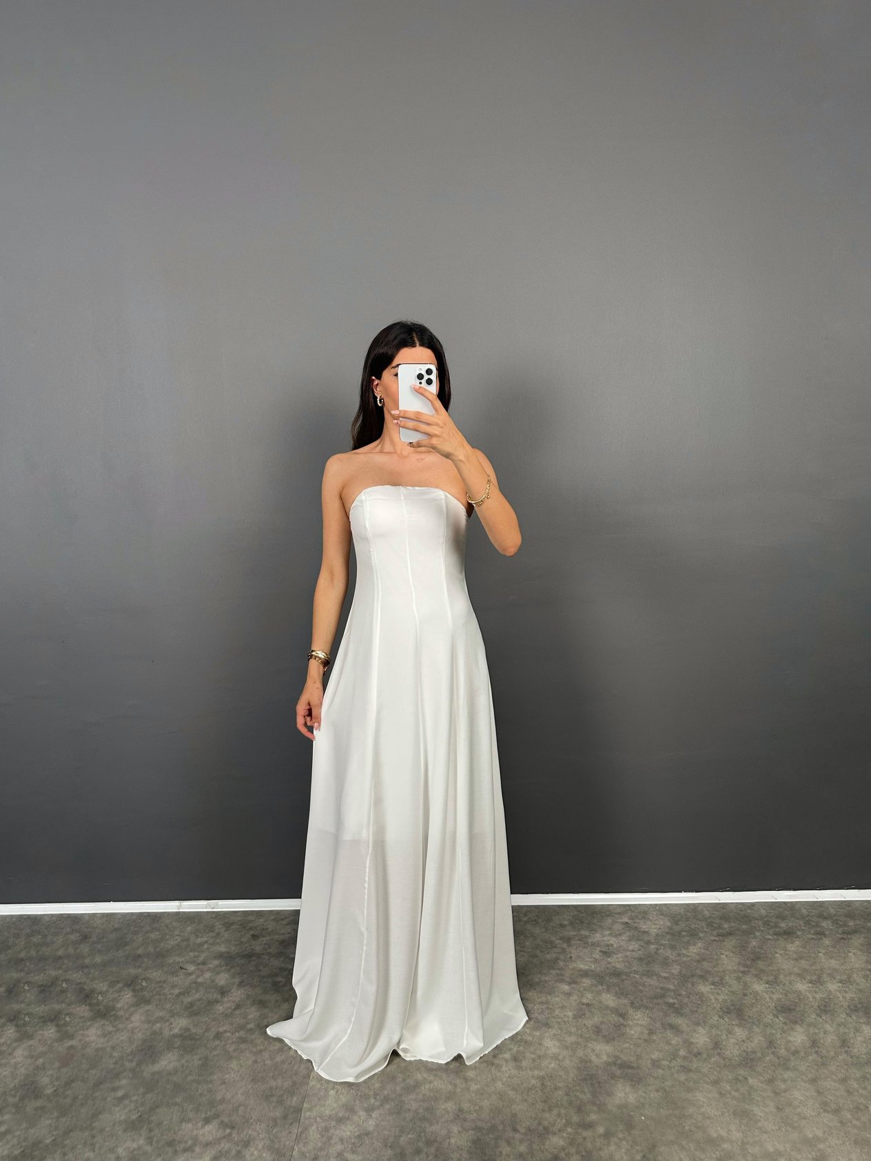 Afro White Strapless Cotton Blend Dress