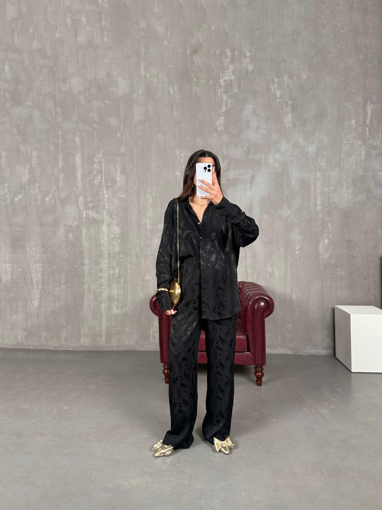 Bab Black Patterned Satin Shirt Pants Jacquard Set