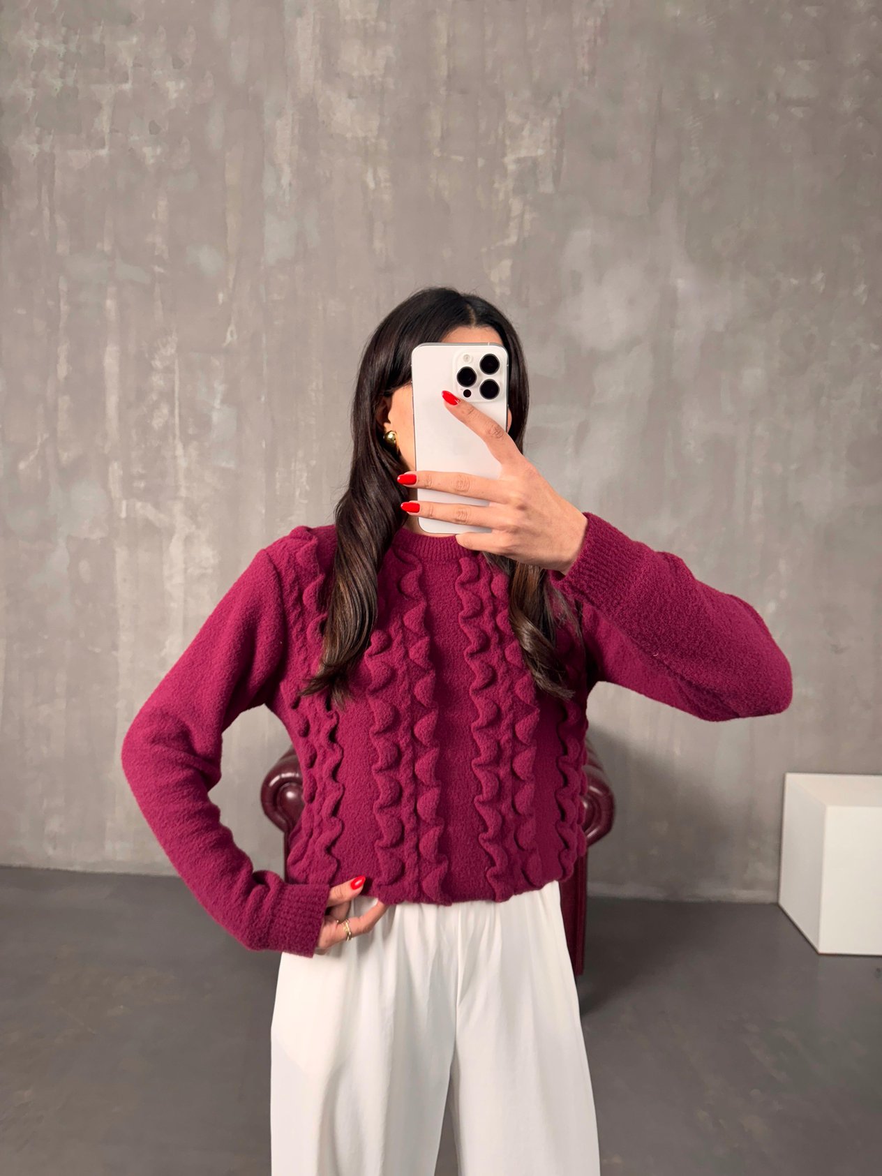 Chers Burgundy Crew-Neck Soft Sweater
