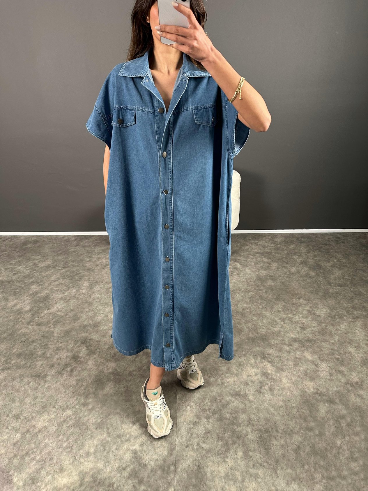 Vogi Mavi Premium Kalite Oversize Uzun Kemerli Kot ElbiseGausELBİSEGU004503