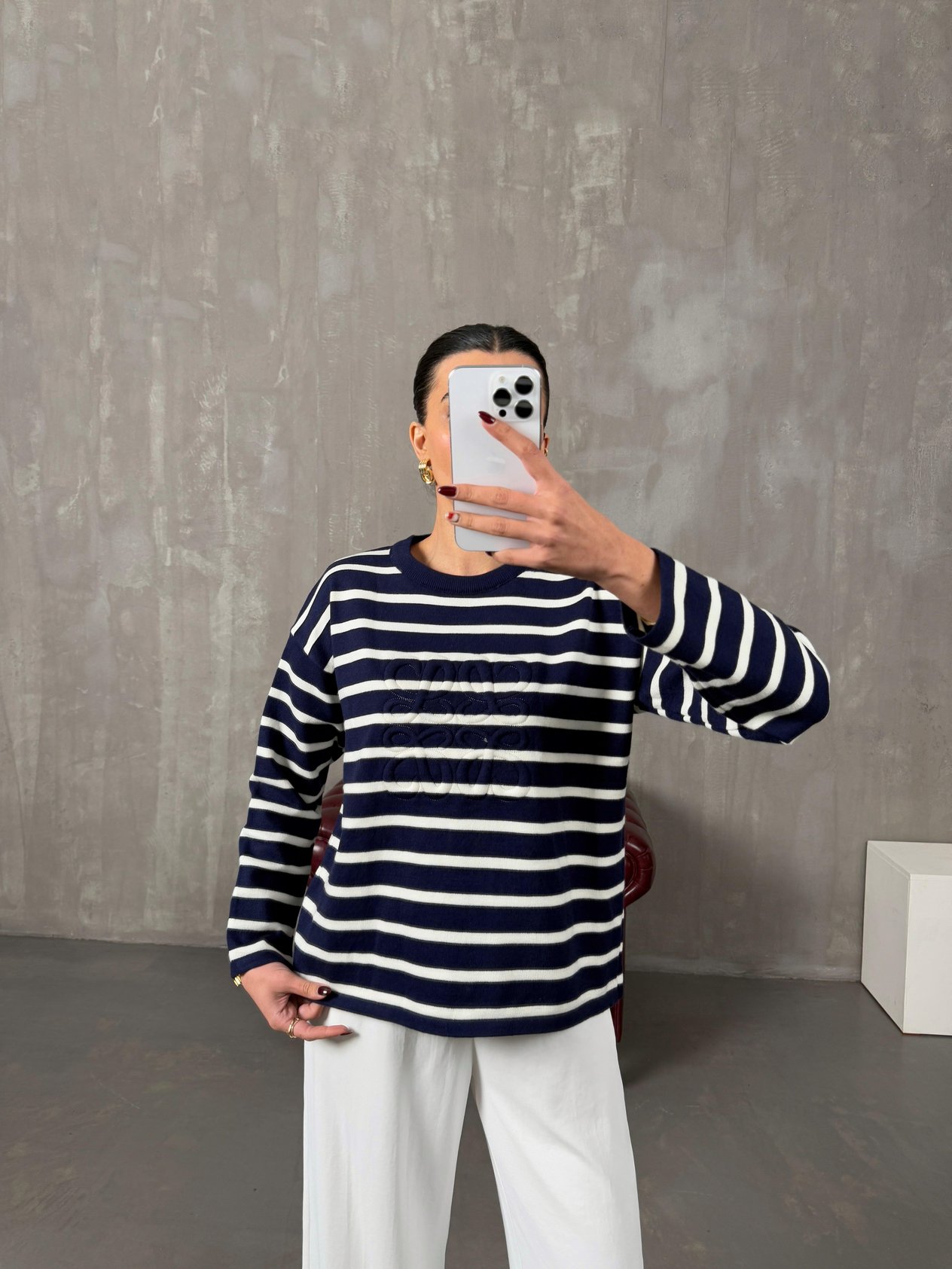 Jalin Navy Blue and White Striped Crew-Neck Pullover