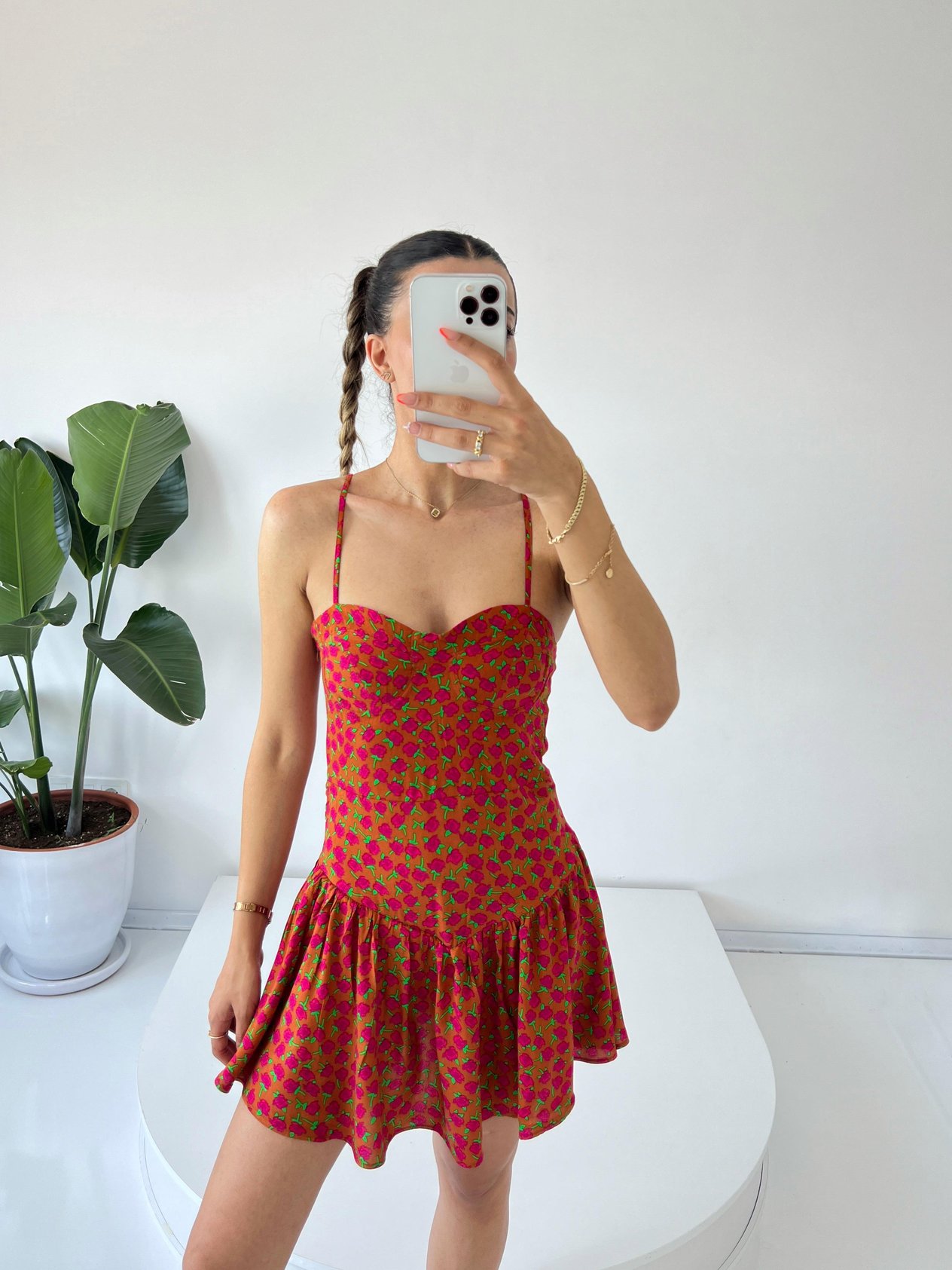 Cruella Kiremit Çiçekli Çıtır ElbiseGausELBİSEGU001432