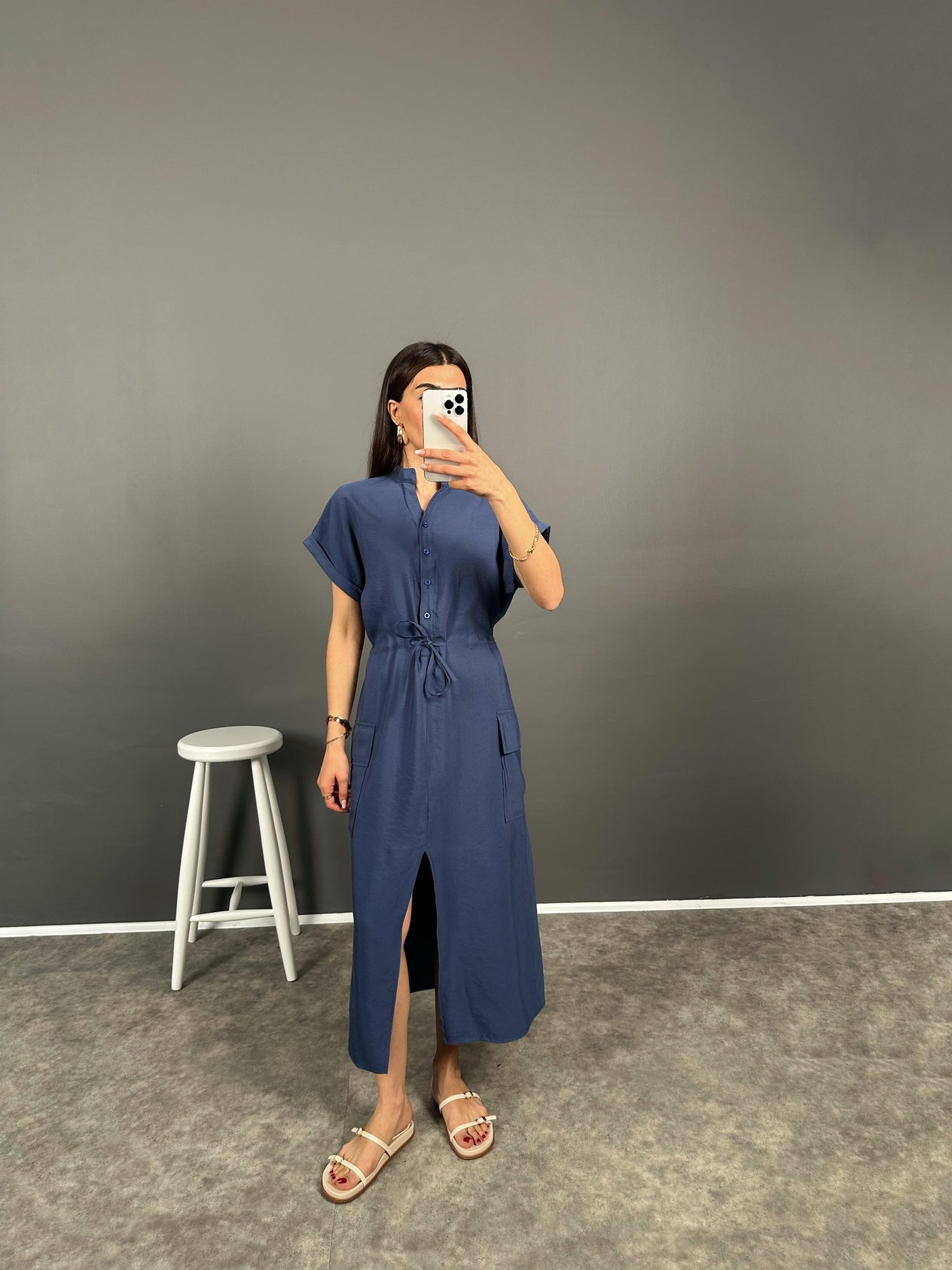 Corinna Mavi İthal Kumaş Önü Yırtmaçlı Elbise