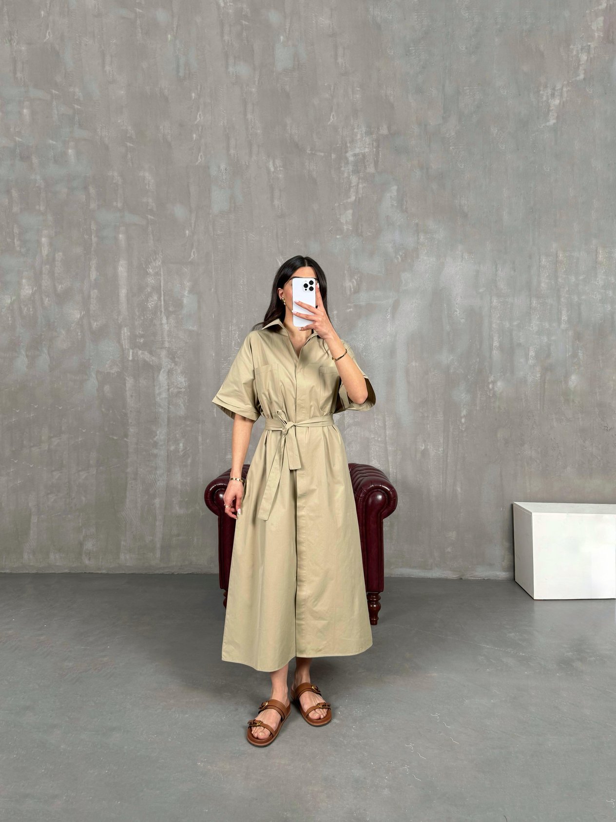 Vizon Cepli Önü Düğmeli Kuşaklı Elbise Gaus00257GausDressesGU1001597