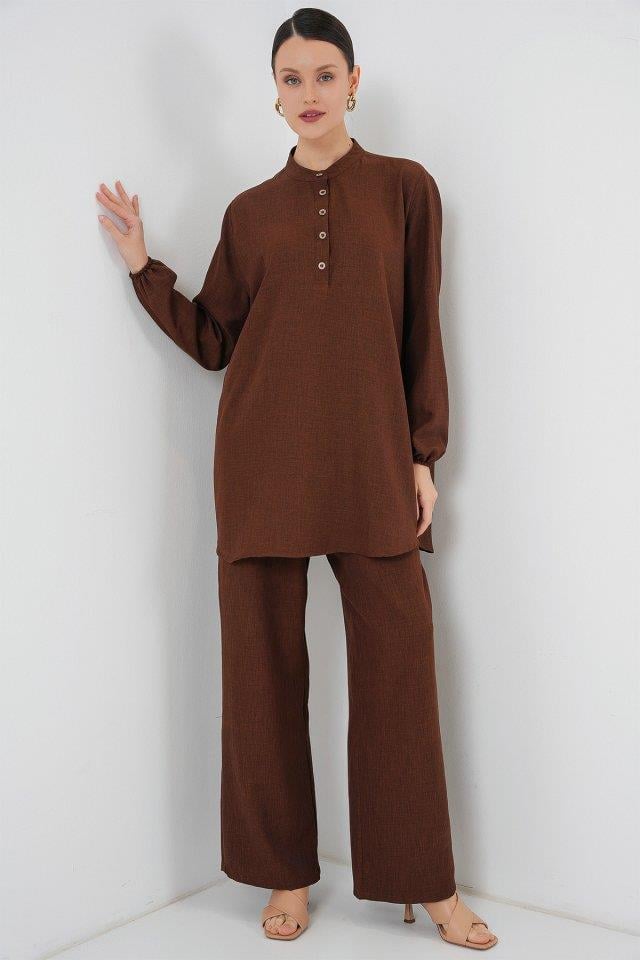 6678 Keten Tunik Pantolon İkili Takım - Kahverengi