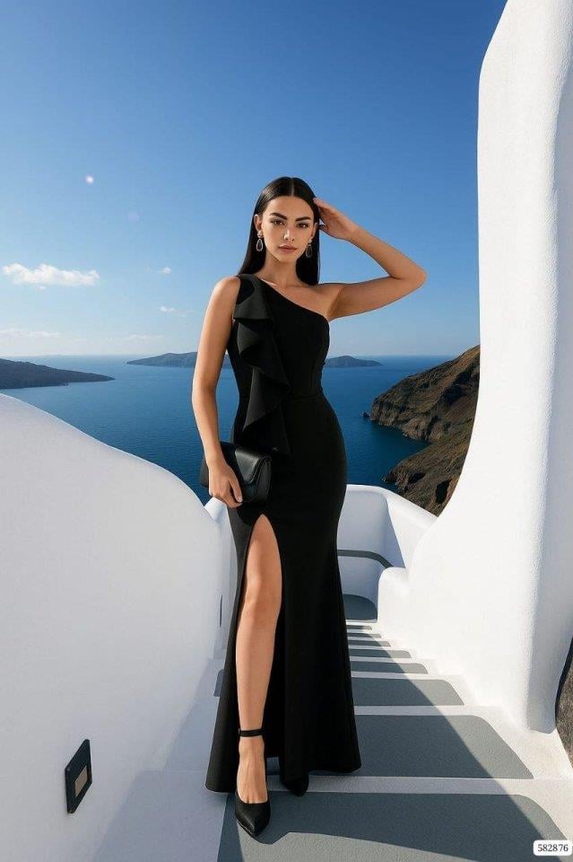 Kadın Dalgıç Kumaş Tek Omuz Askılı Yırtmaç Detaylı Maxi Boy Elbise