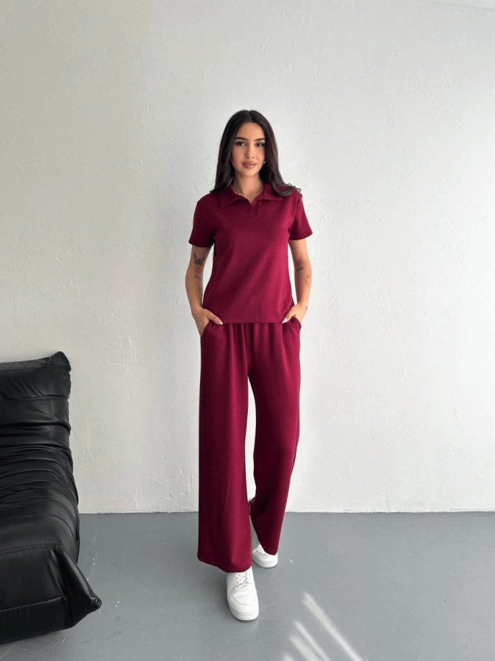 Osy Modal Yumuşak Dokulu Kumaş Kısa Kollu Yakalı T-shirt Pantalon Ikili Takım- Bordo