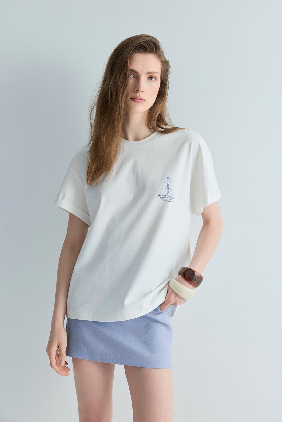 Ekru Sailor Oversize Tişört