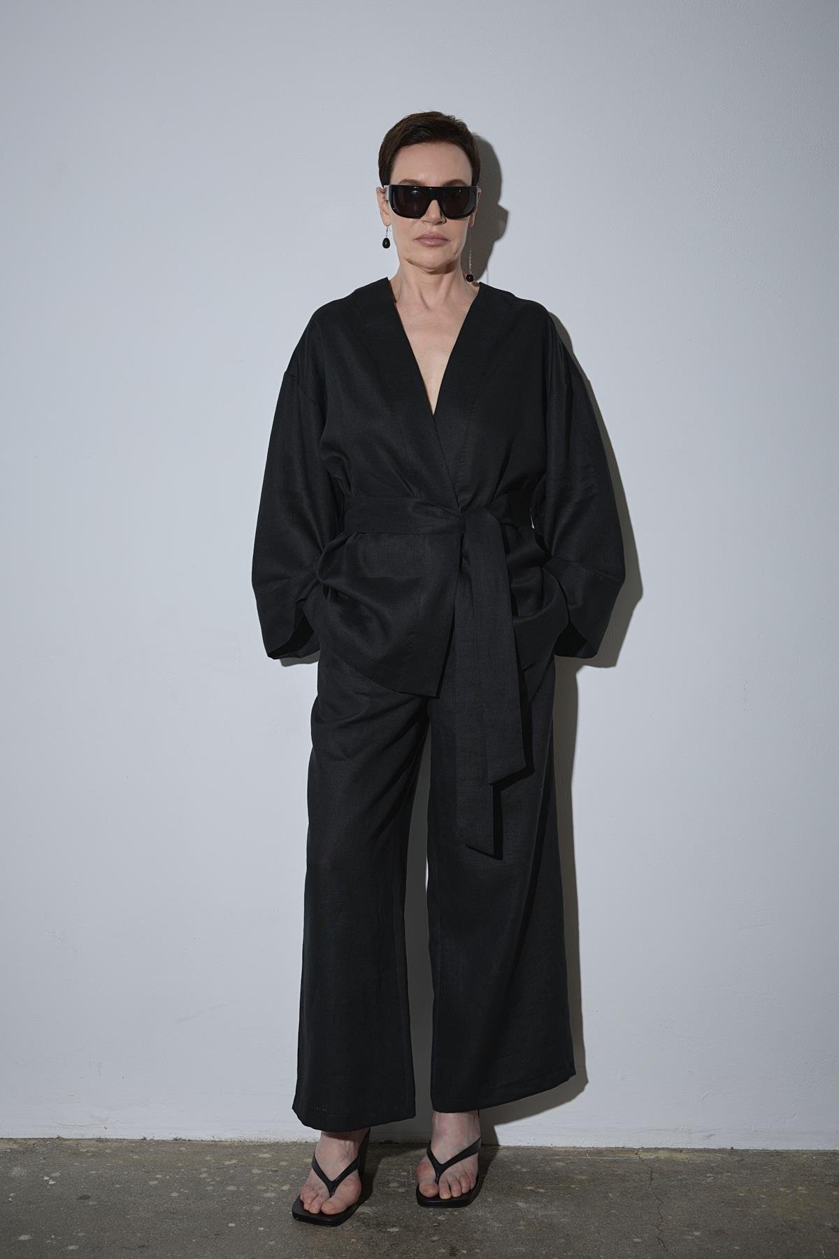 Siyah %100 Keten Eleni Kimono