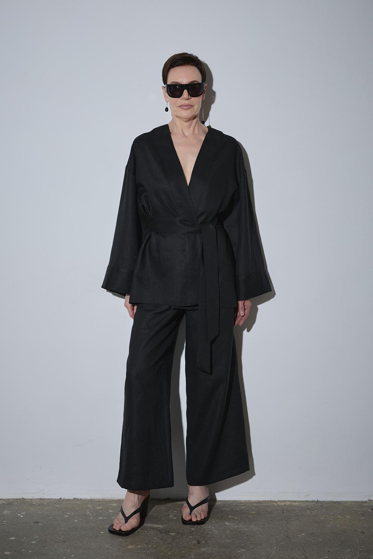 Siyah %100 Keten Eleni Kimono