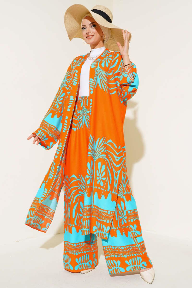 	 Etnik Desen Kimono İkili Takım Oranj
