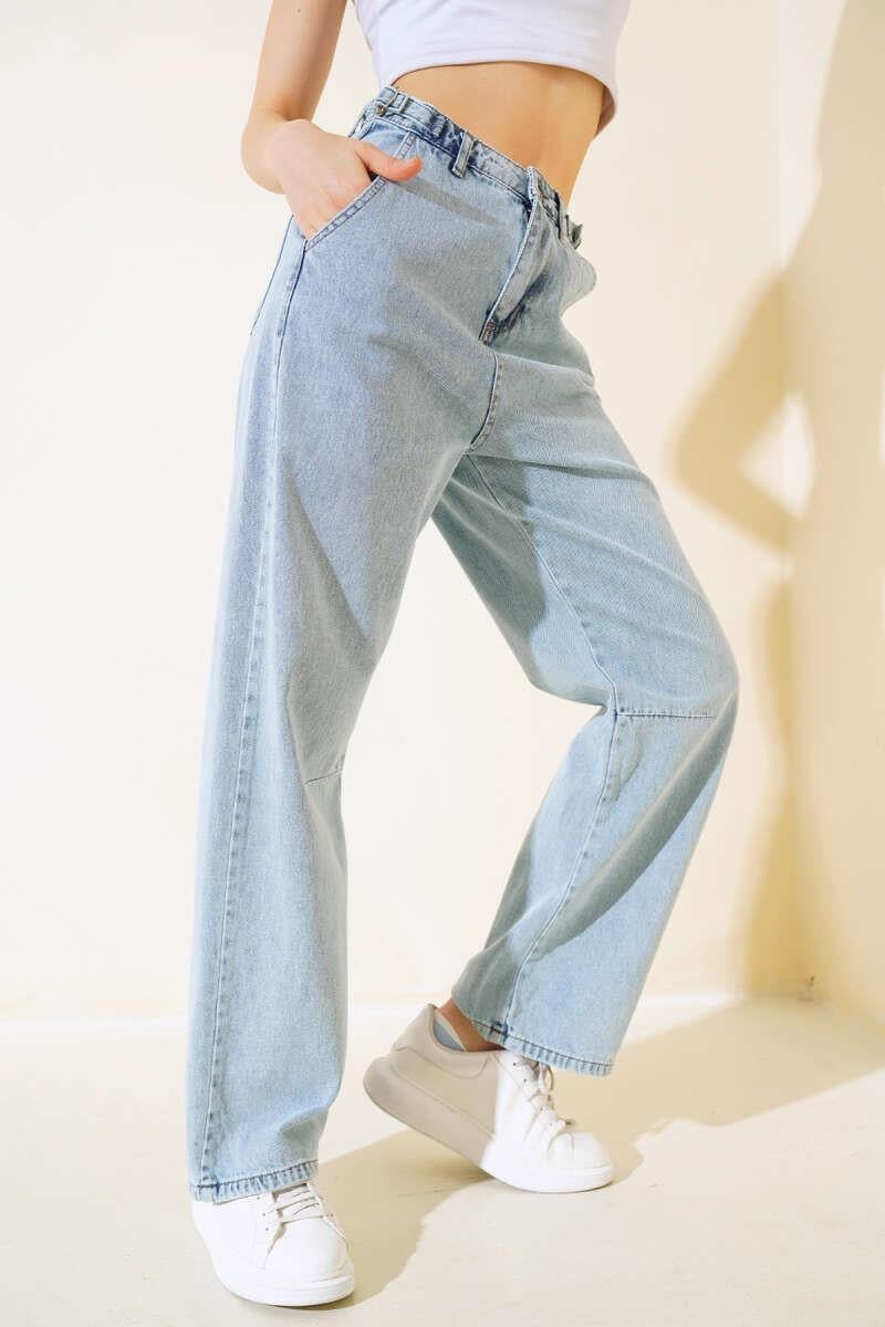 Baggy Yan Tokalı Kot Pantolon Kar Yıkama