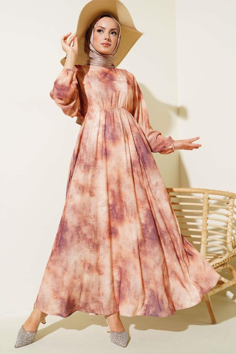 Batik Desen Bel Lastikli Elbise Kahve