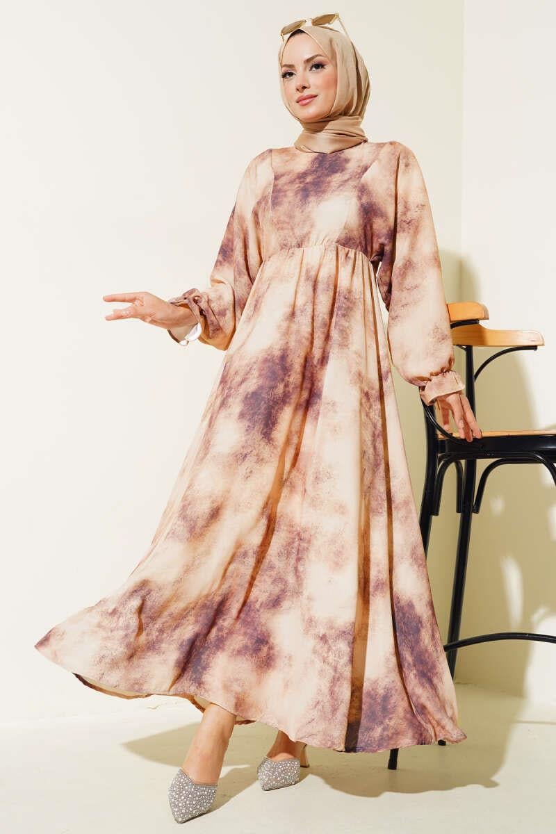 Batik Desen Bel Lastikli Elbise Vizon