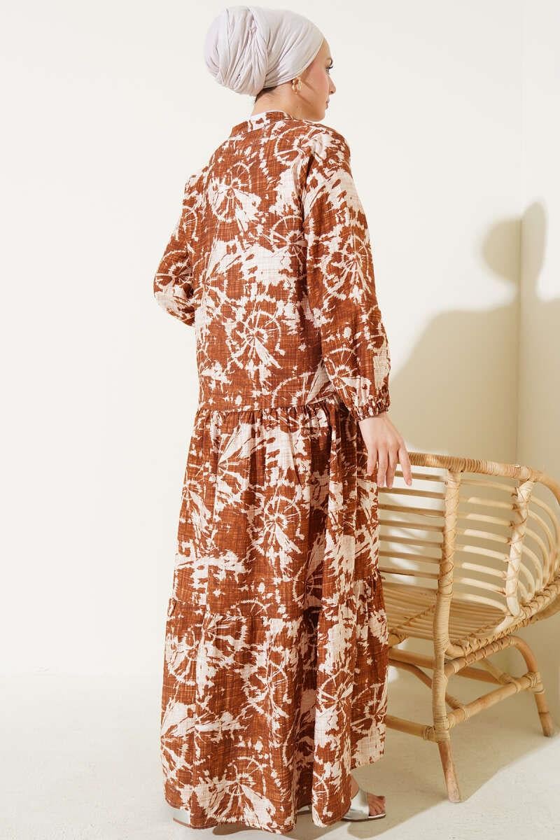 Batik Desen Yarım Düğmeli Elbise Taba