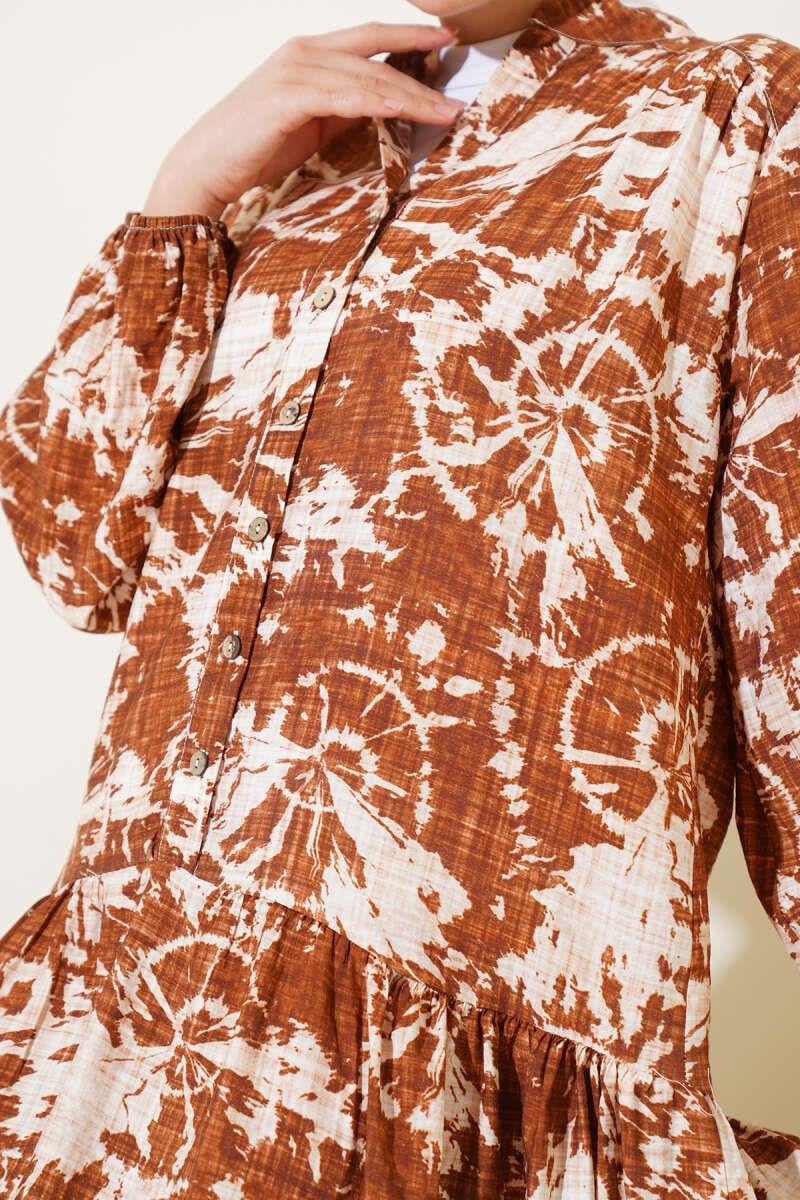 Batik Desen Yarım Düğmeli Elbise Taba
