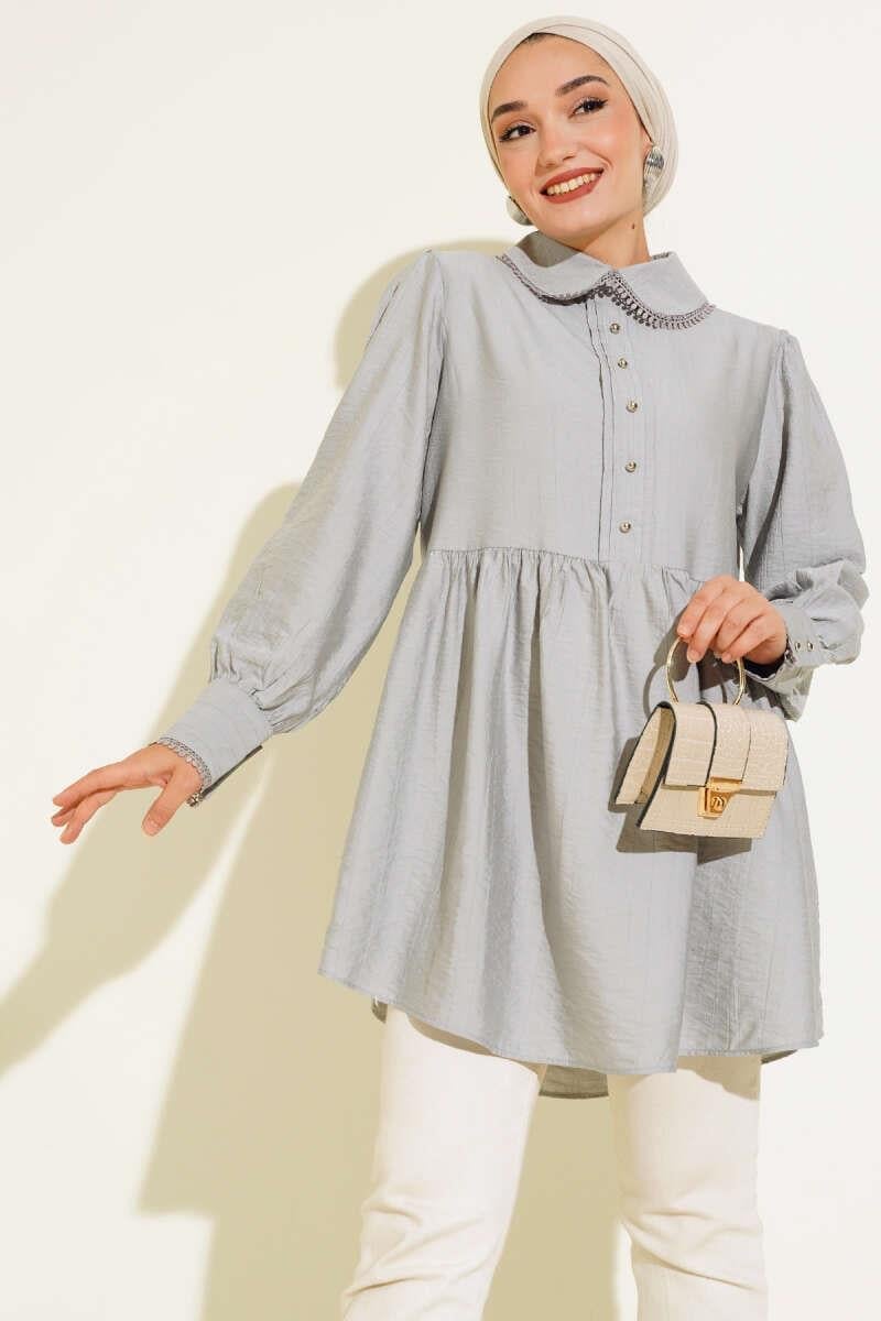 Bebe Yaka Dantelli Tunik Gri