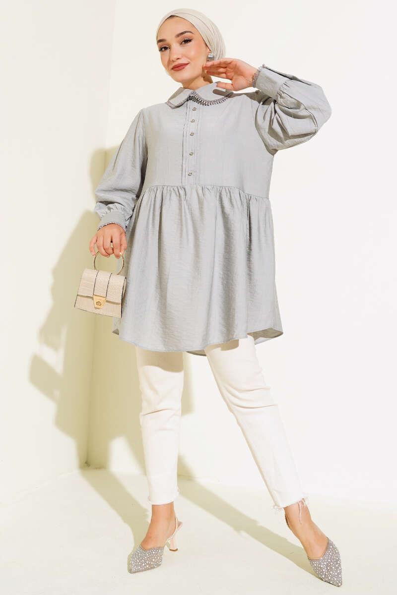 Bebe Yaka Dantelli Tunik Gri
