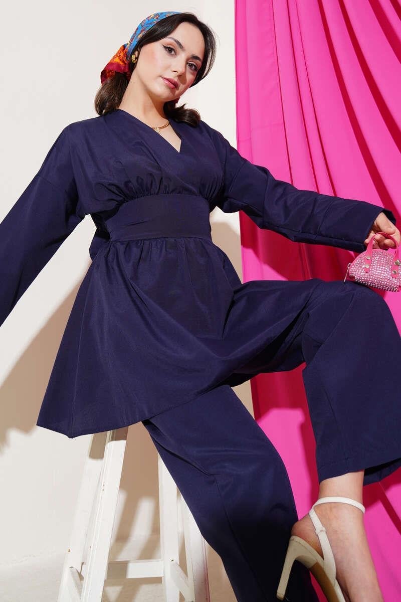 Bel Bağlamalı Kimono İkili Takım Lacivert