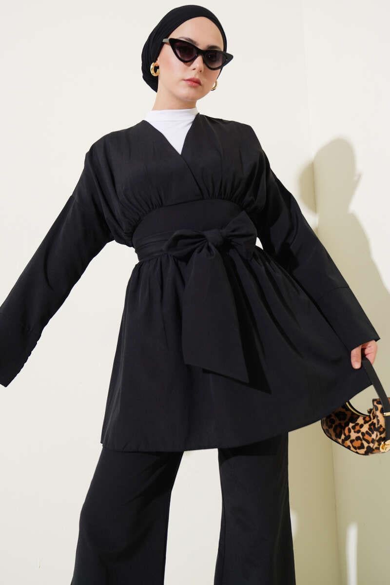 Bel Bağlamalı Kimono İkili Takım Siyah