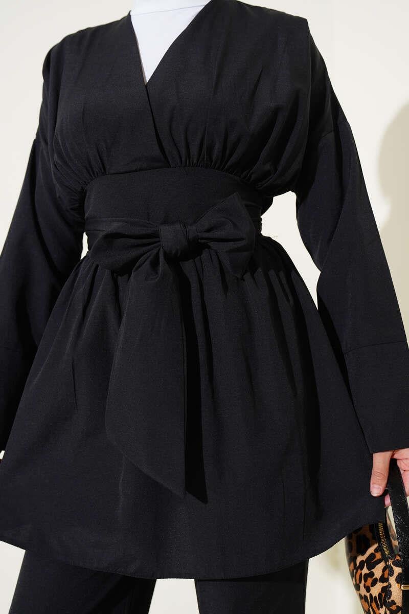 Bel Bağlamalı Kimono İkili Takım Siyah