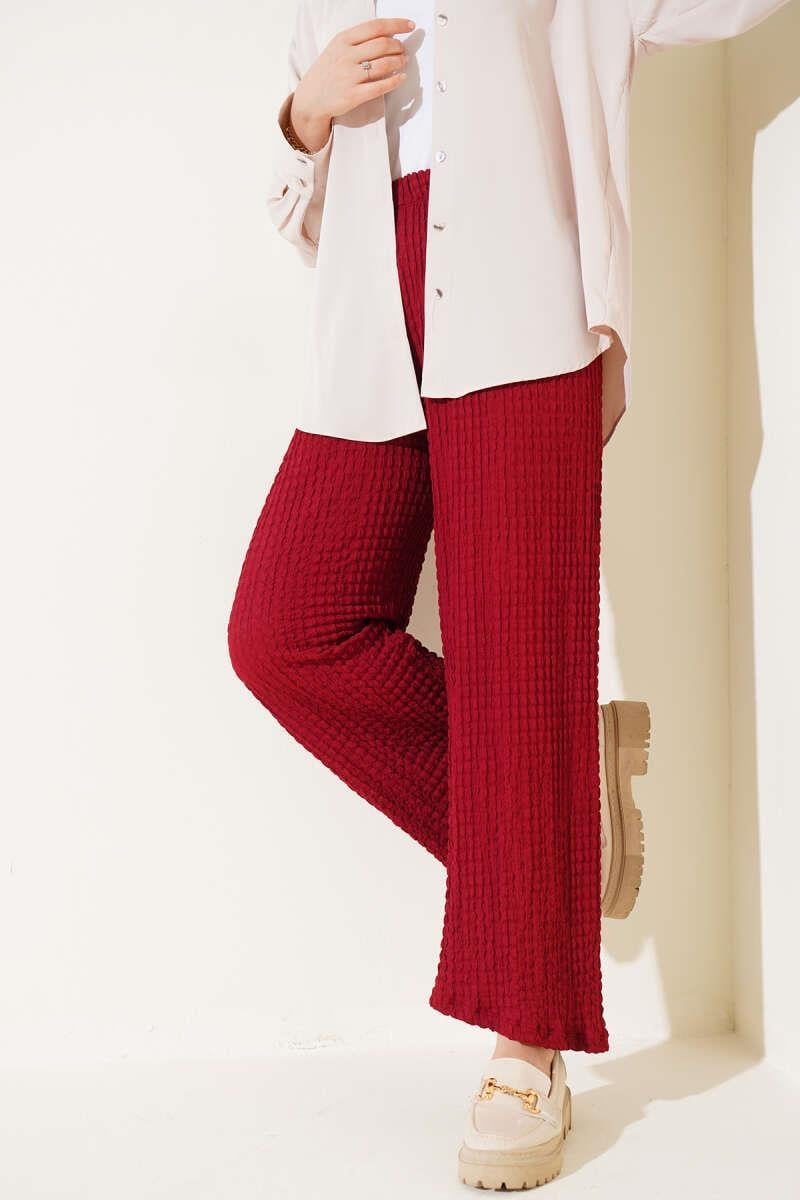 Bel Lastikli Gofre Pantolon Bordo