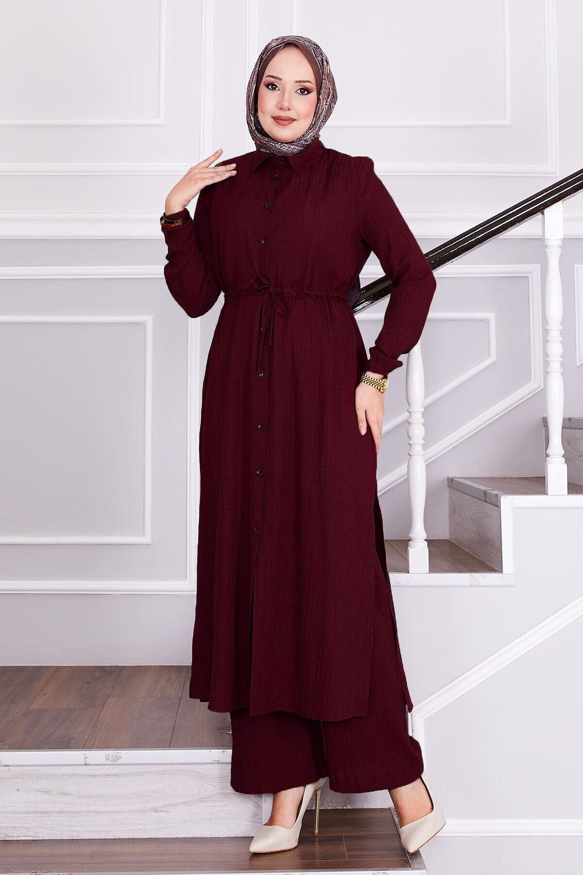 Belden Bağlamalı Pantolonlu Tesettür Takım Bordo