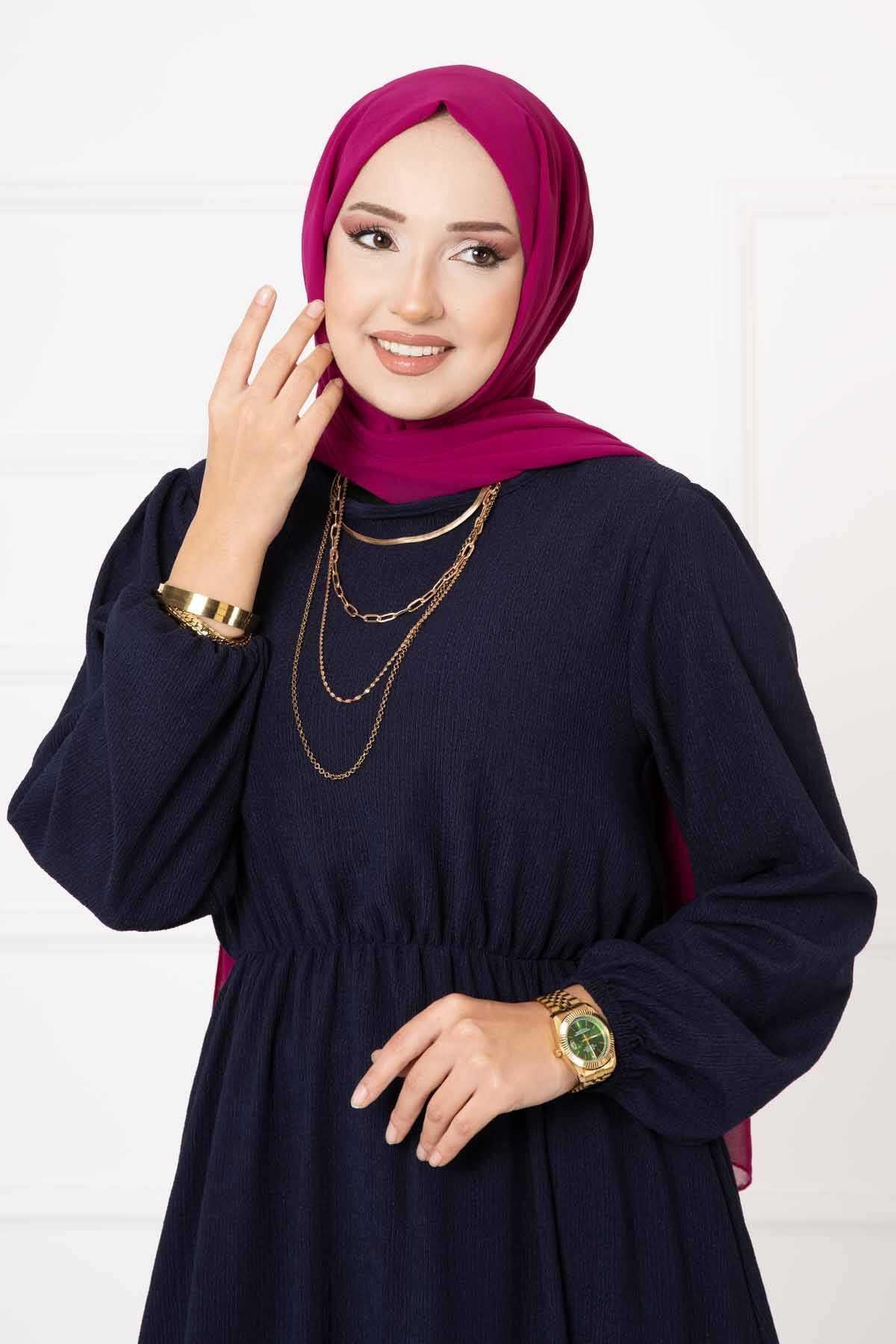 Beli Büzgülü Elbise Lacivert