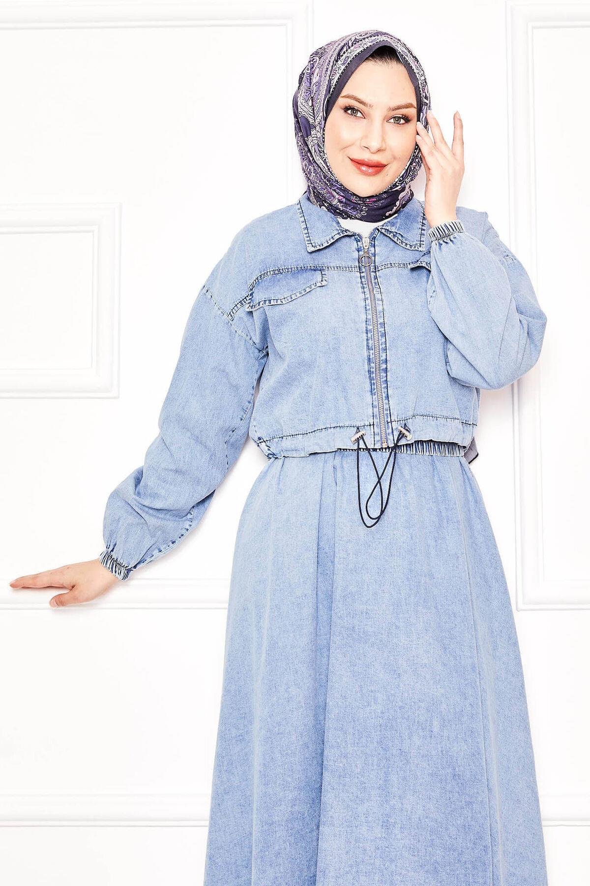 Beli Büzgülü Tensel Kot Crop Etek İkili Takım Açık Mavi