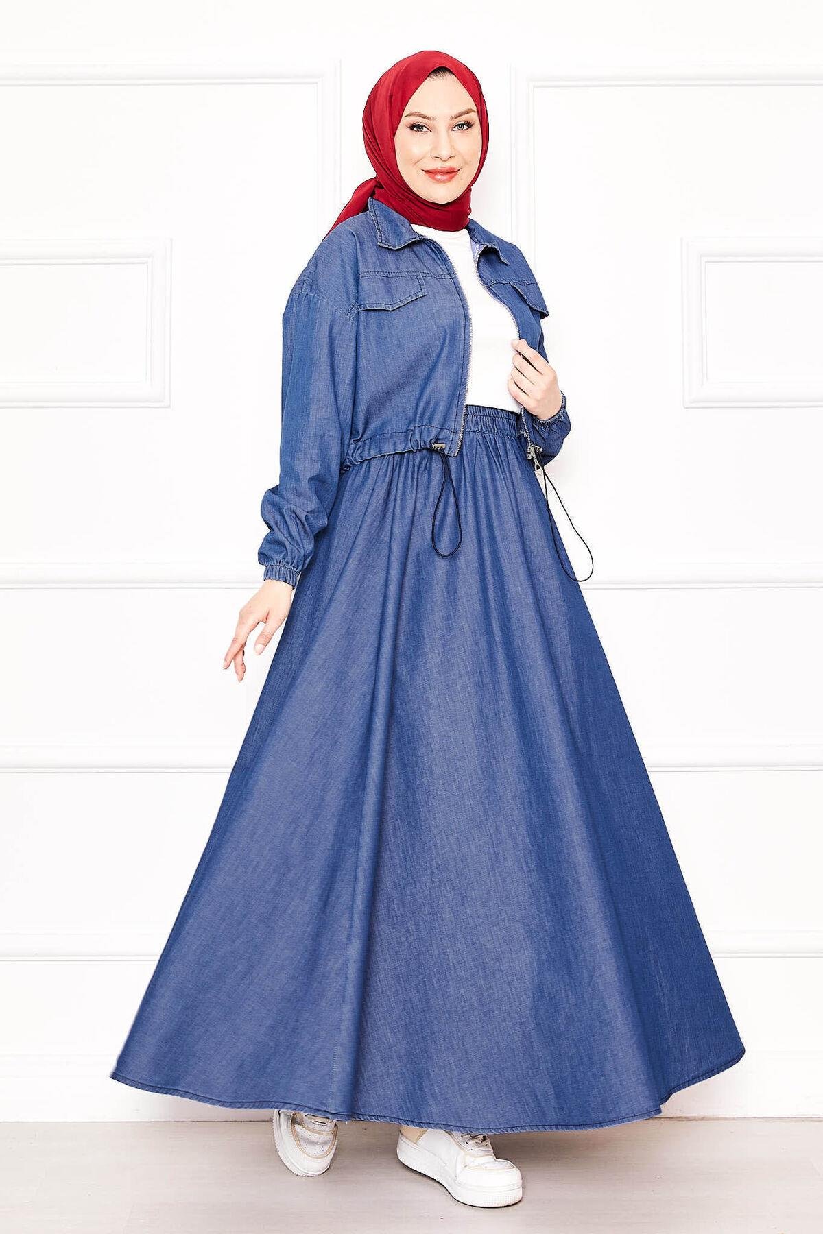 Beli Büzgülü Tensel Kot Crop Etek İkili Takım Koyu Mavi