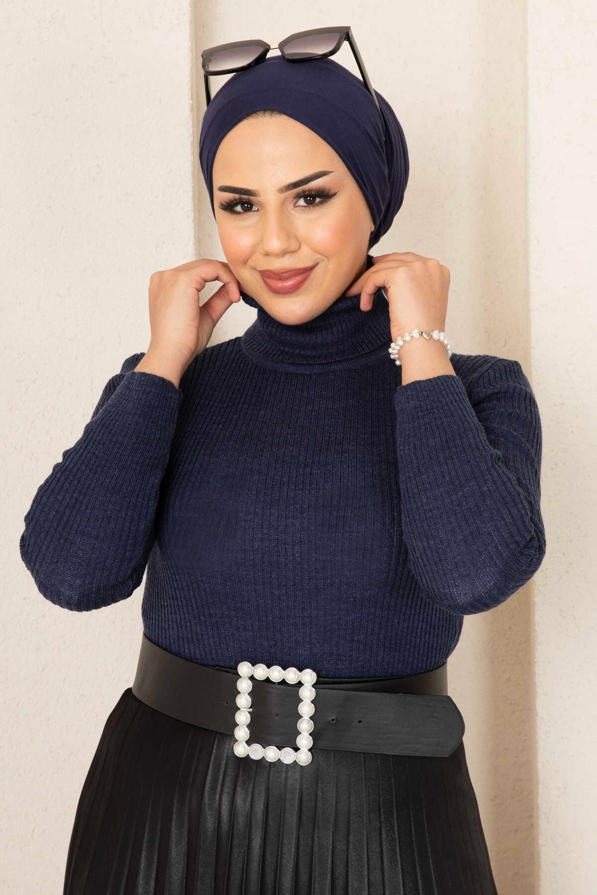 Boğazlı Triko Tesettür  Kazak Lacivert
