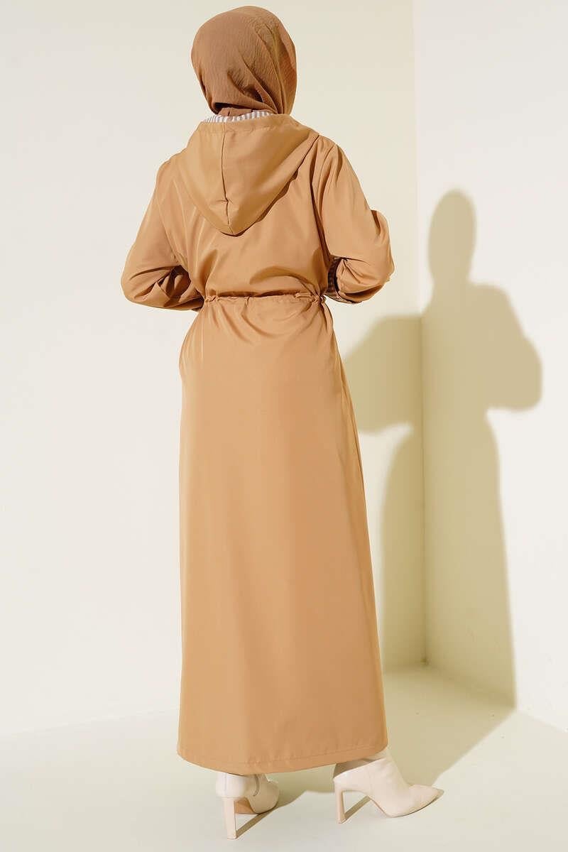 Boydan Fermuarlı Kolları Katlamalı Trençkot Camel