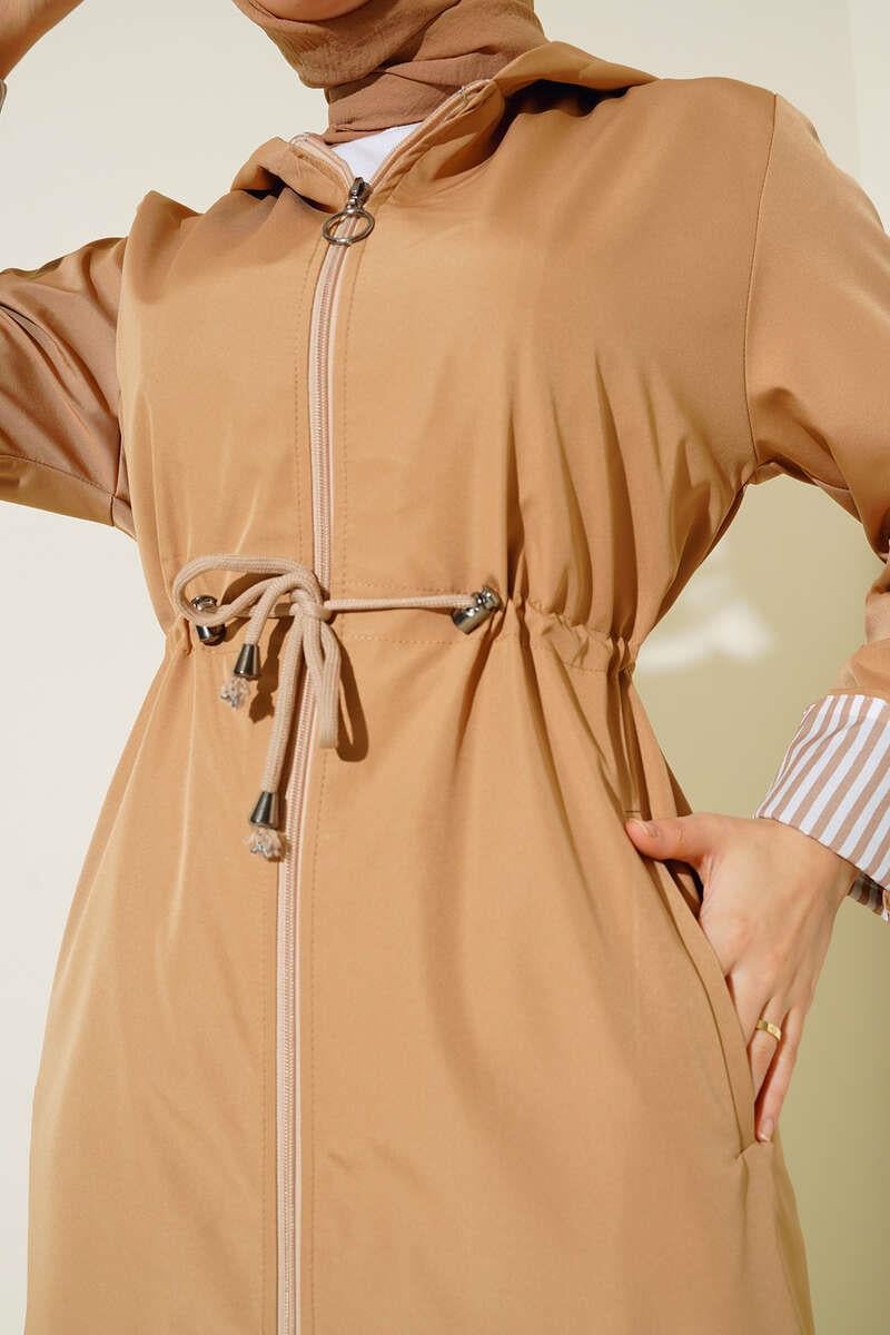 Boydan Fermuarlı Kolları Katlamalı Trençkot Camel