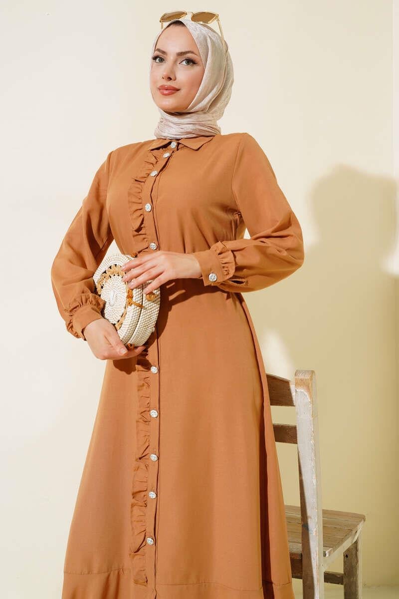 Boydan Fırfırlı Elbise Camel