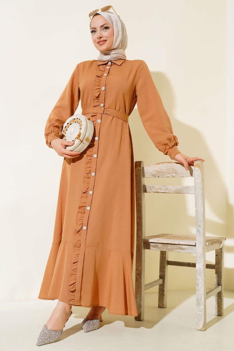 Boydan Fırfırlı Elbise Camel