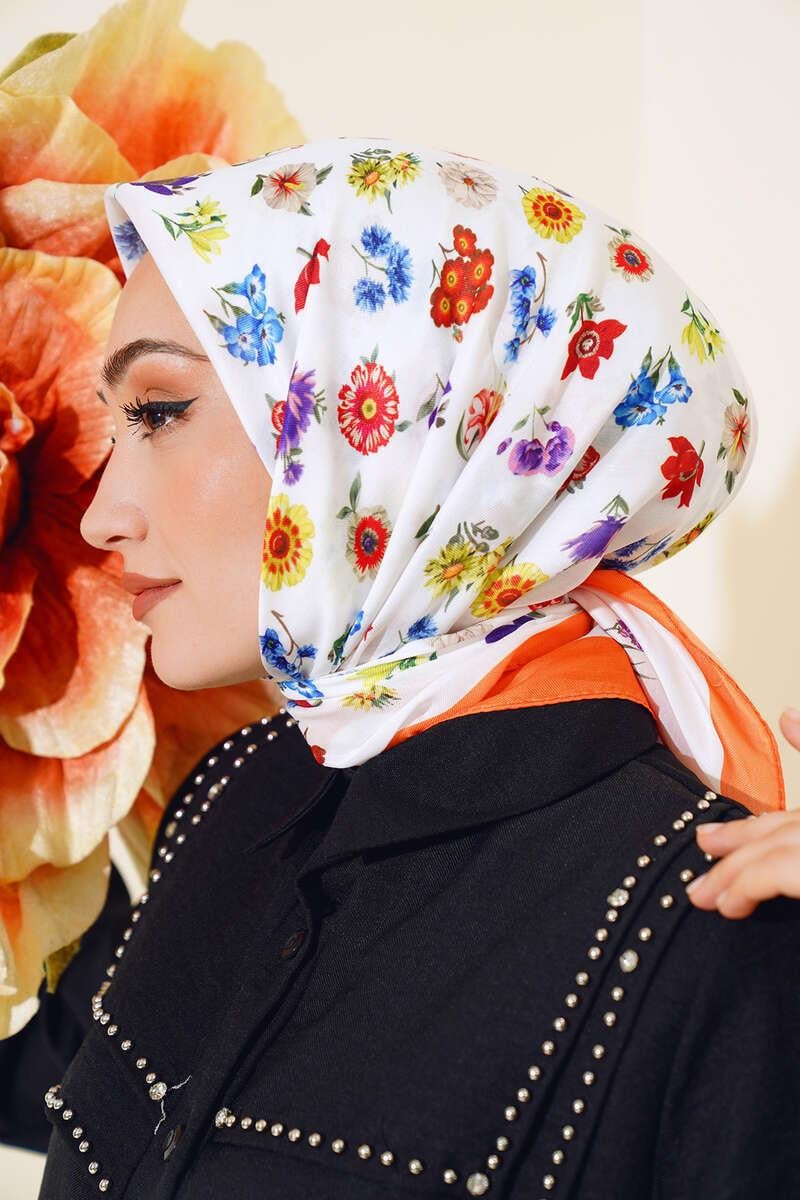 Çiçek Desenli Soft Pamuk Eşarp Oranj
