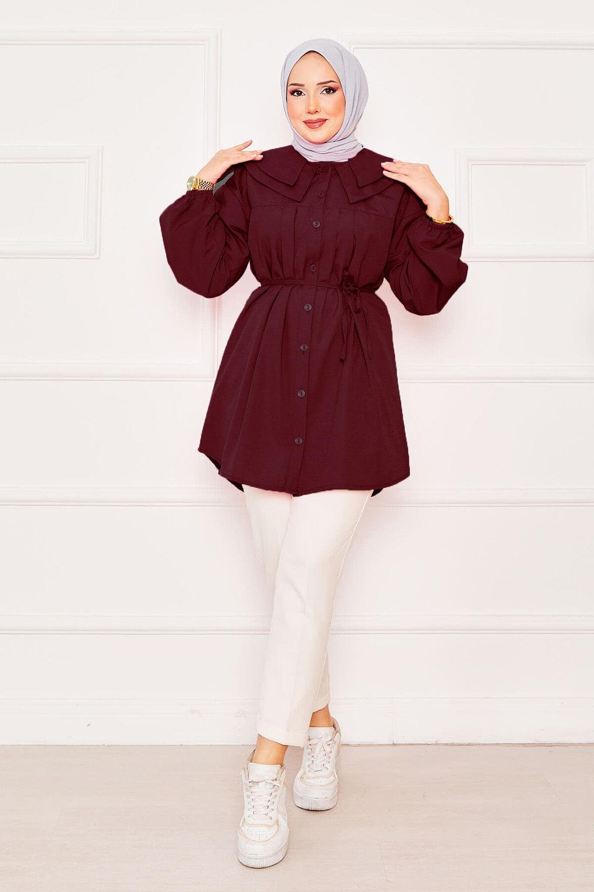 Çift Yakalı Beli Bağcıklı Tesettür Gömlek Bordo