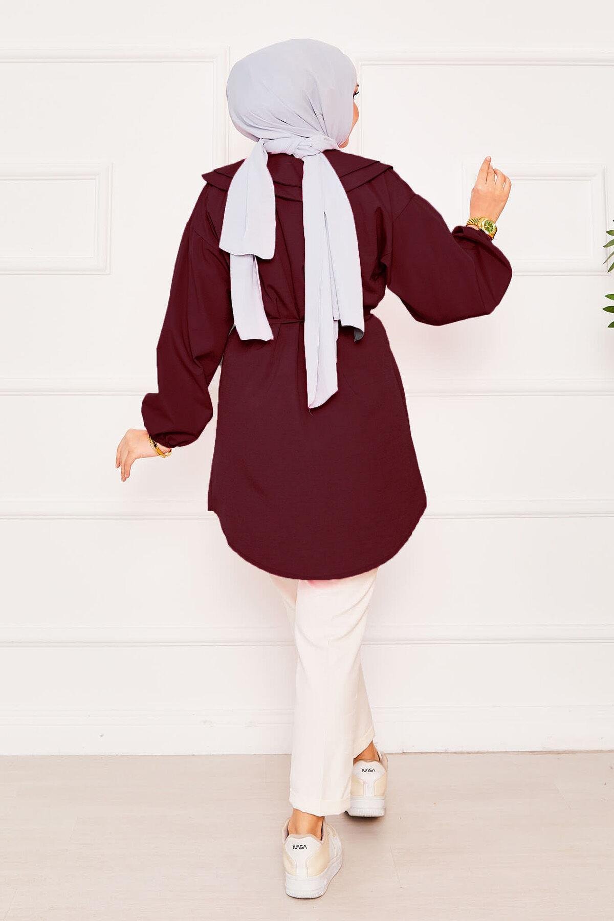 Çift Yakalı Beli Bağcıklı Tesettür Gömlek Bordo