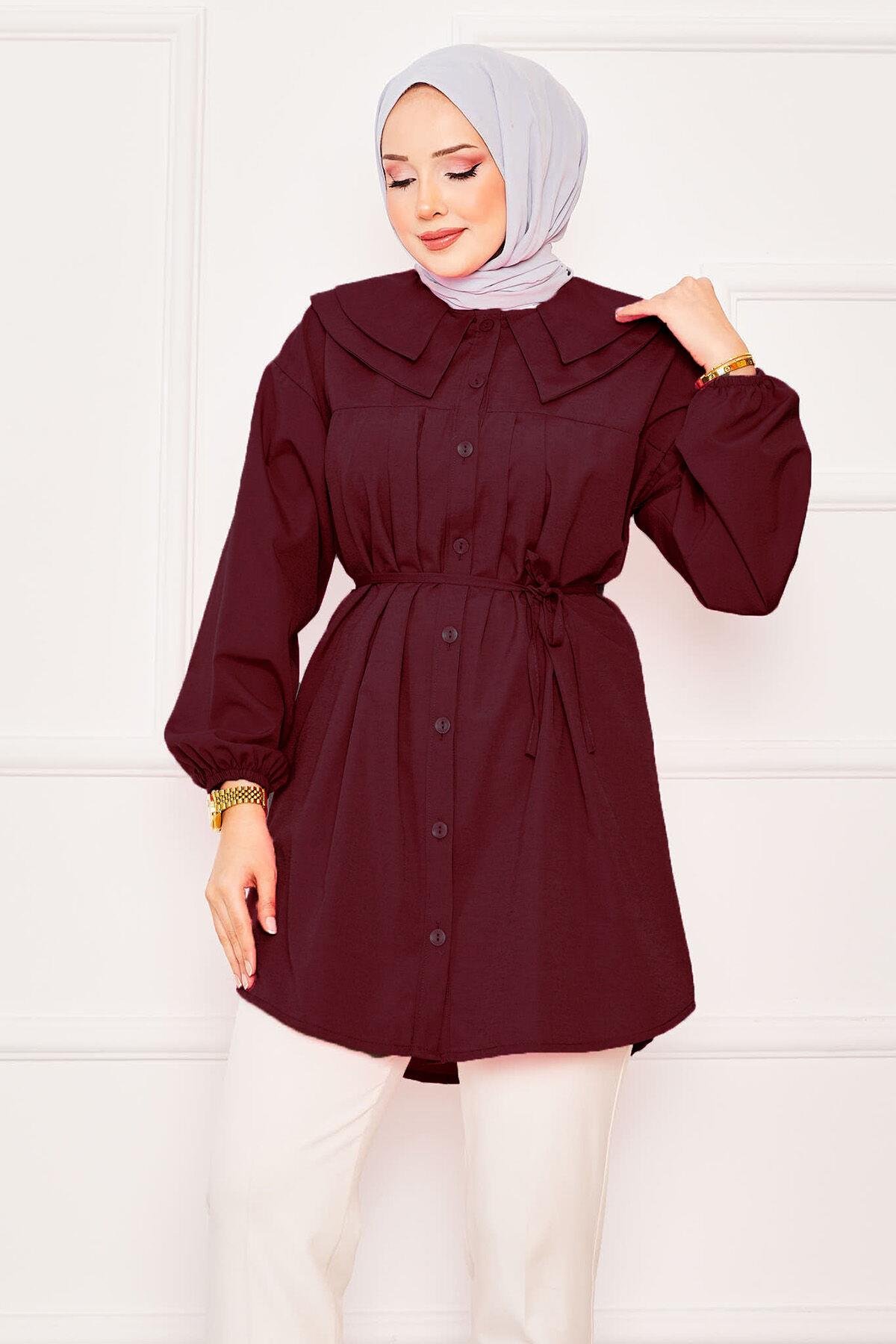 Çift Yakalı Beli Bağcıklı Tesettür Gömlek Bordo