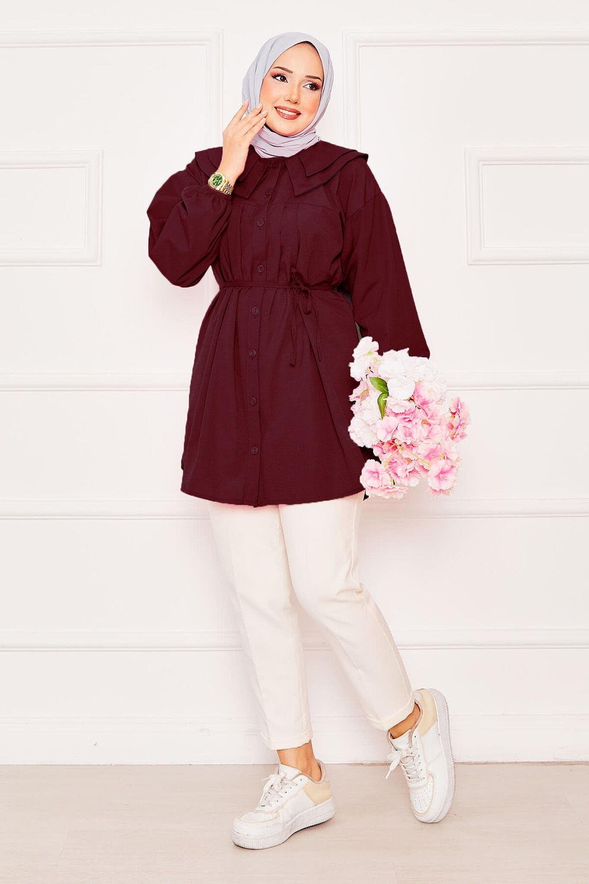 Çift Yakalı Beli Bağcıklı Tesettür Gömlek Bordo