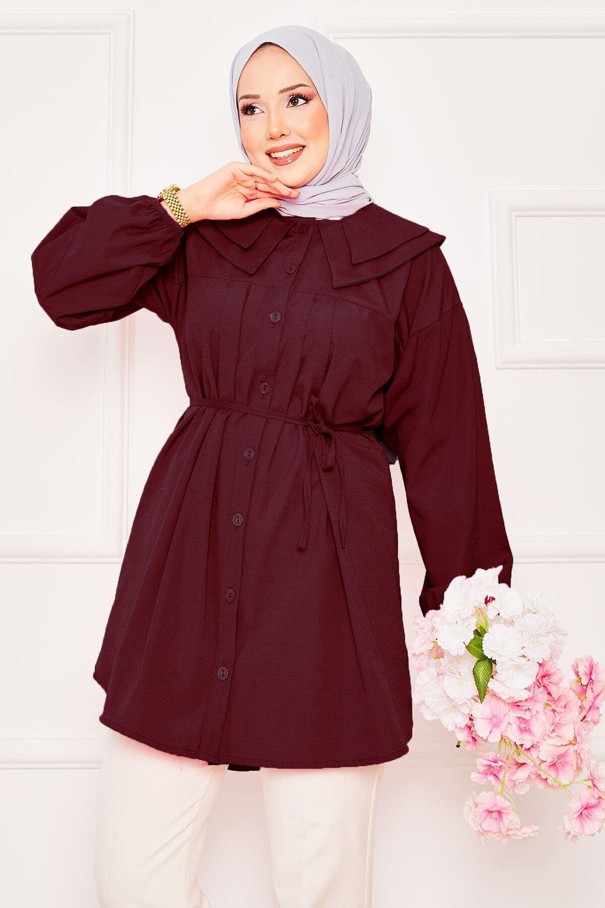 Çift Yakalı Beli Bağcıklı Tesettür Gömlek Bordo