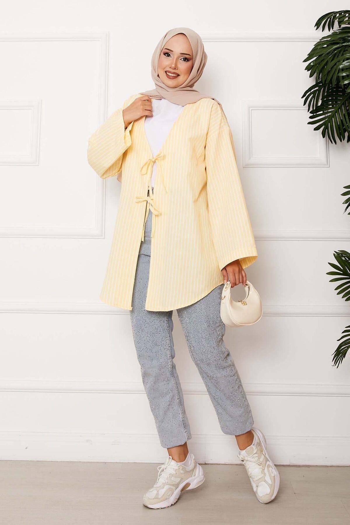Çizgili Bağcık Detaylı Kimono Sarı