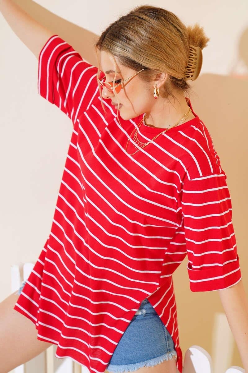 Çizgili Kırmızı Tshirt