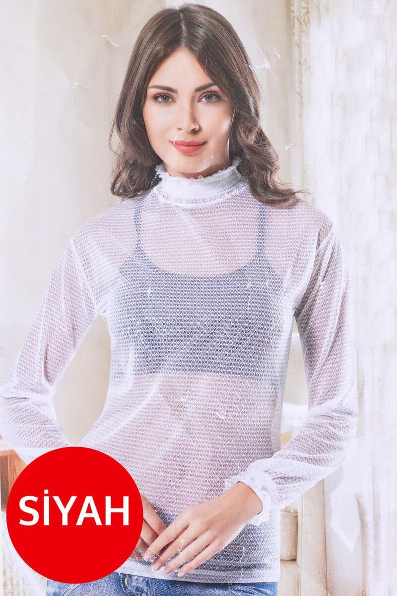 Dantelli Uzun Kol Bayan Body Siyah