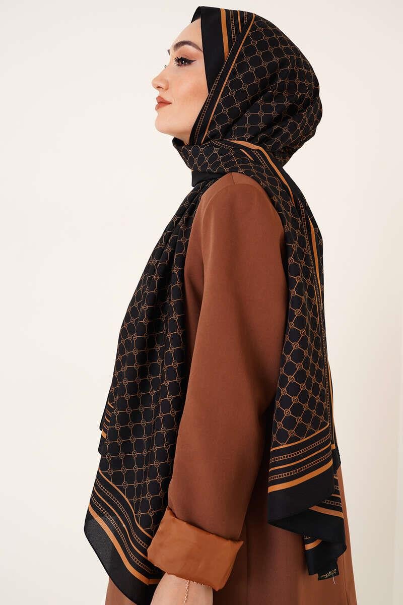 Dijital Baskılı Medine Şal Siyah Camel