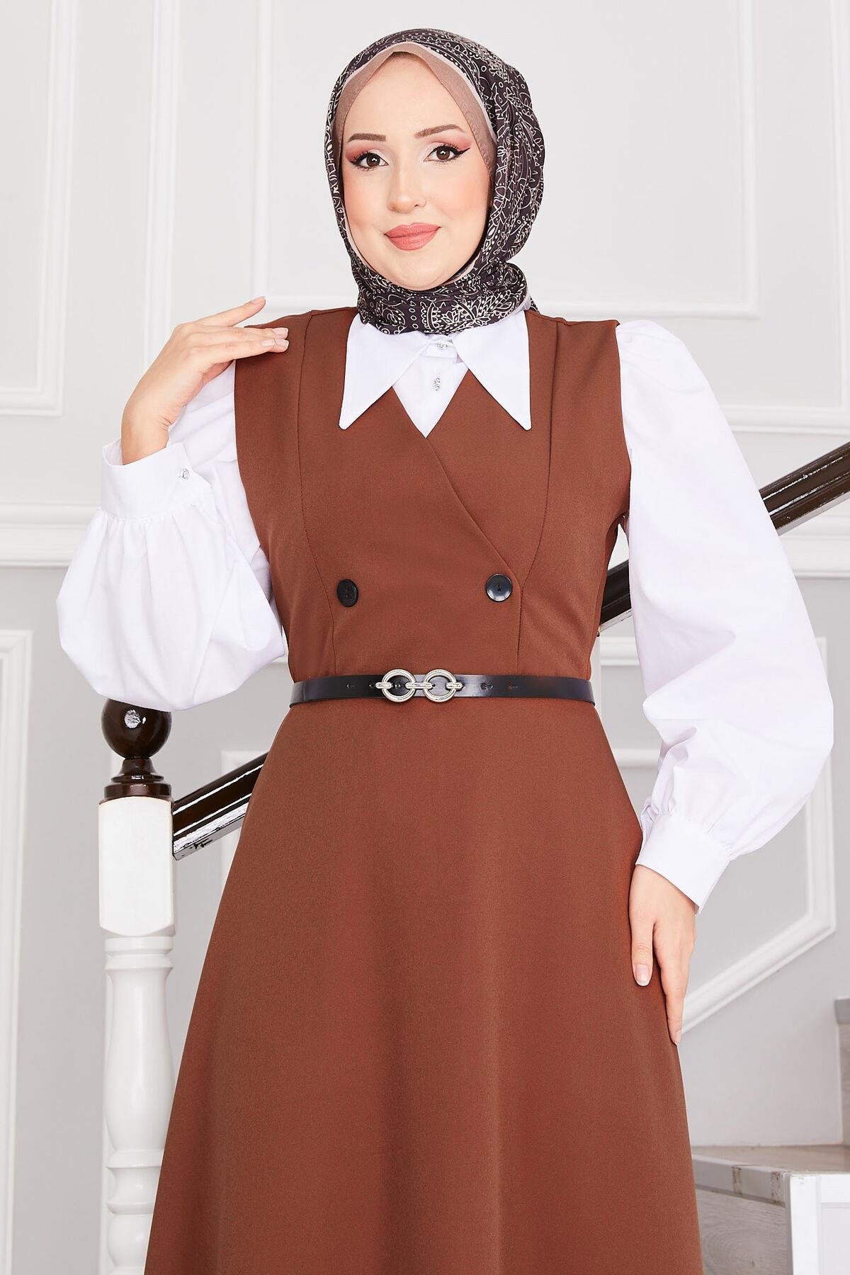 Düğme Detaylı Kemerli Tesettür Jile Kahve
