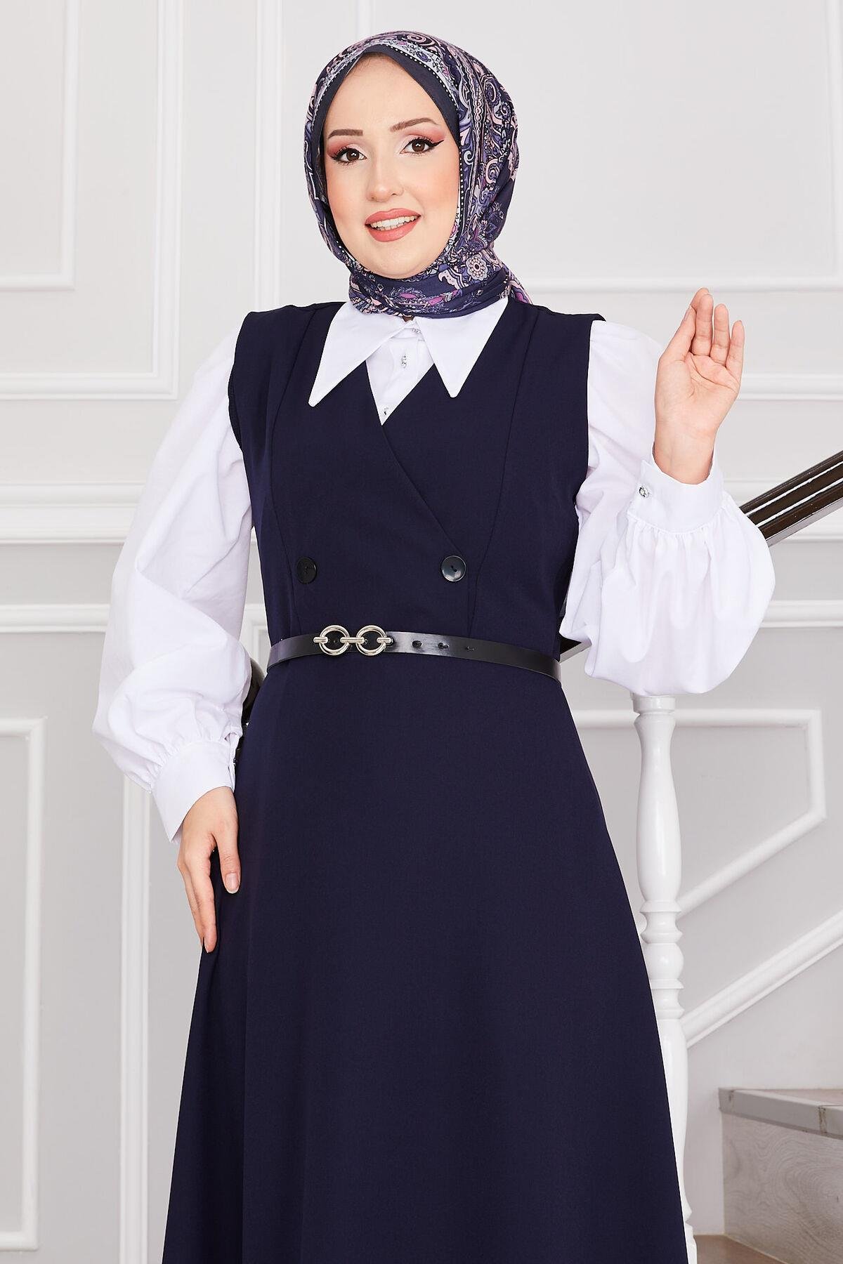 Düğme Detaylı Kemerli Tesettür Jile Lacivert