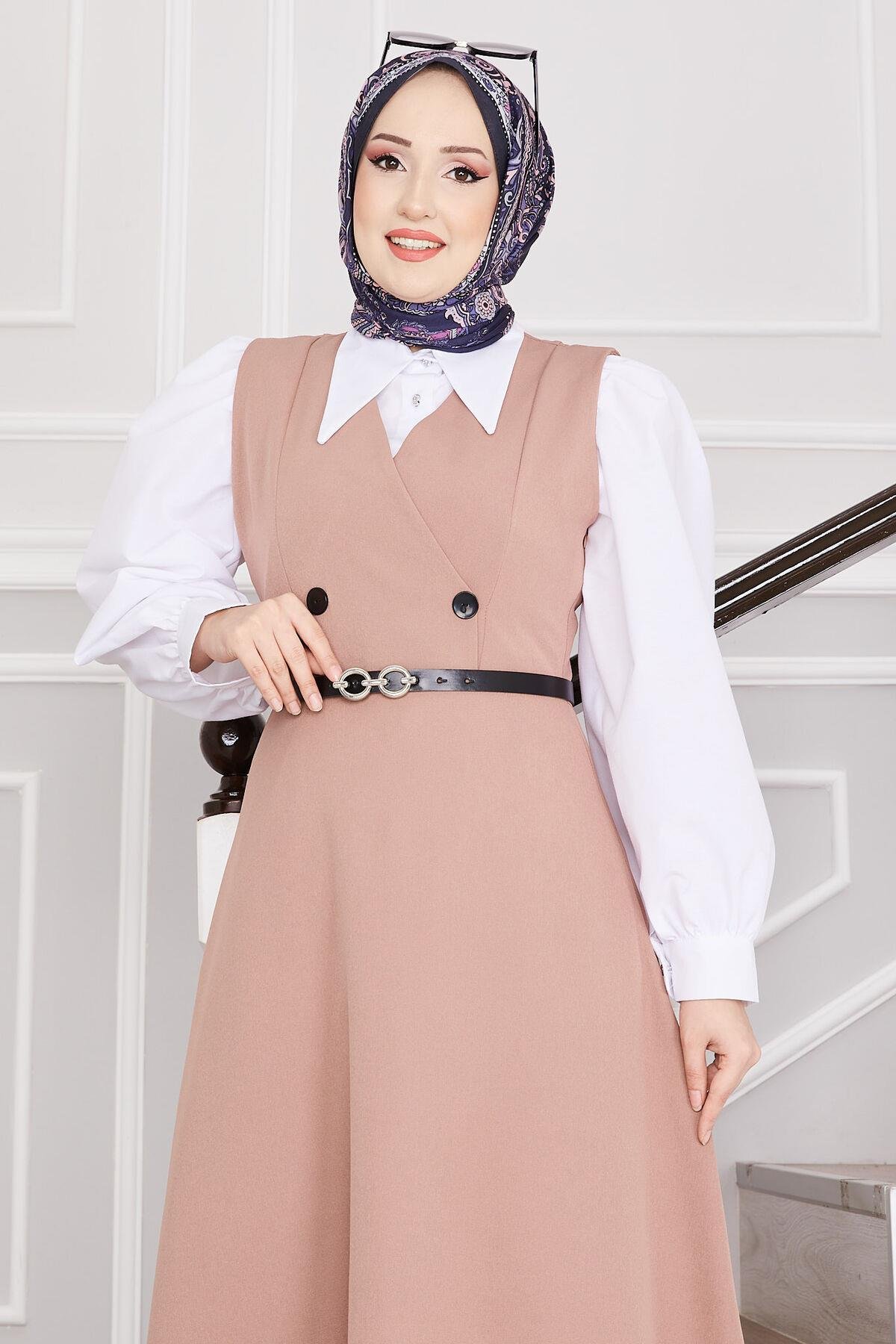 Düğme Detaylı Kemerli Tesettür Jile Vizon