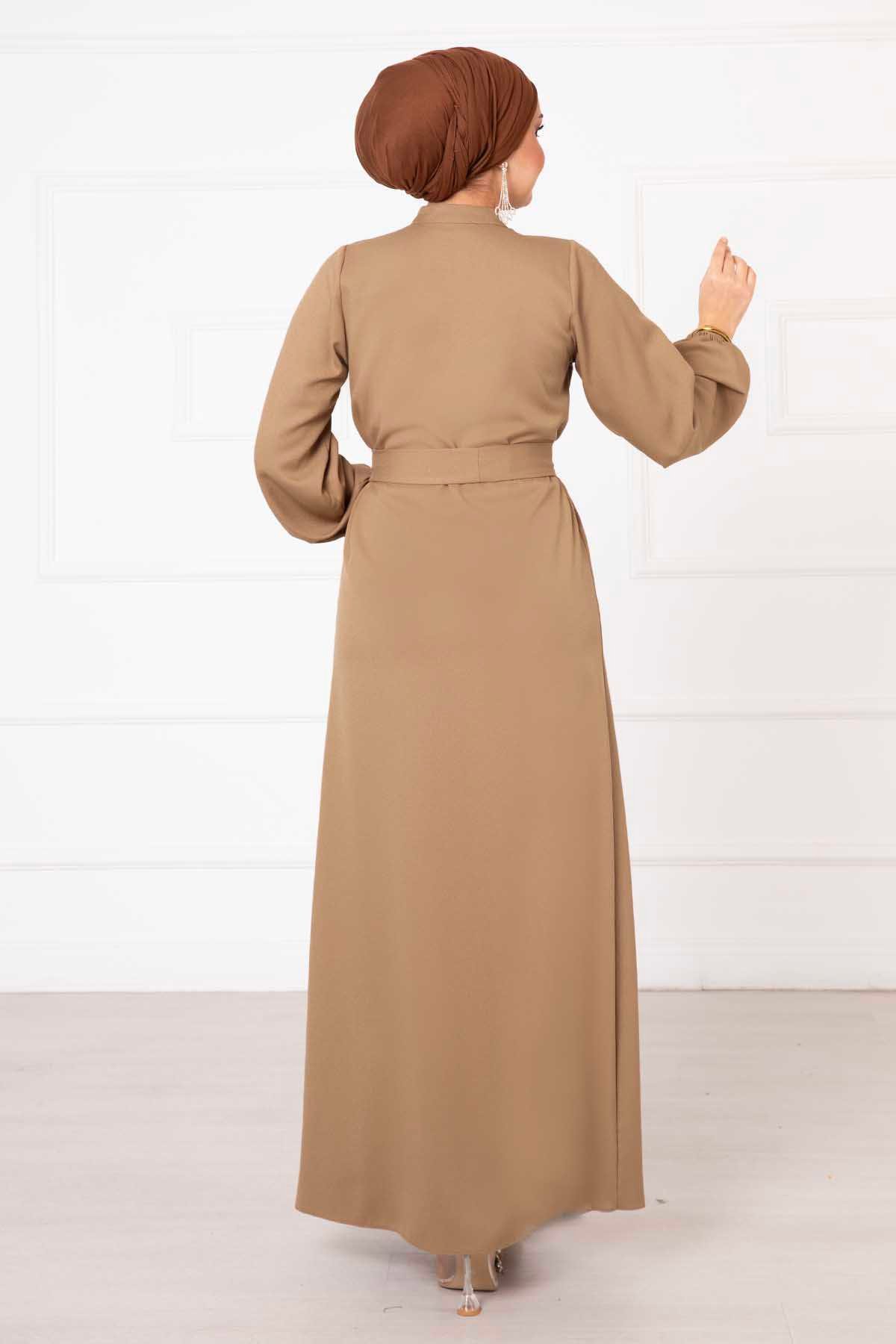 Düğme Detaylı Seyyar Kemerli Elbise Camel