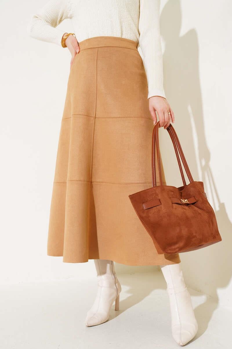Fermuarlı Süet Kloş Etek Camel